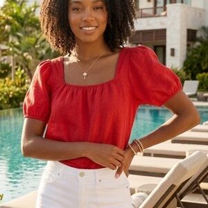 Bellambra Italy Red Linen Boho Peasant Blouse Puff Sleeve Square Neck L